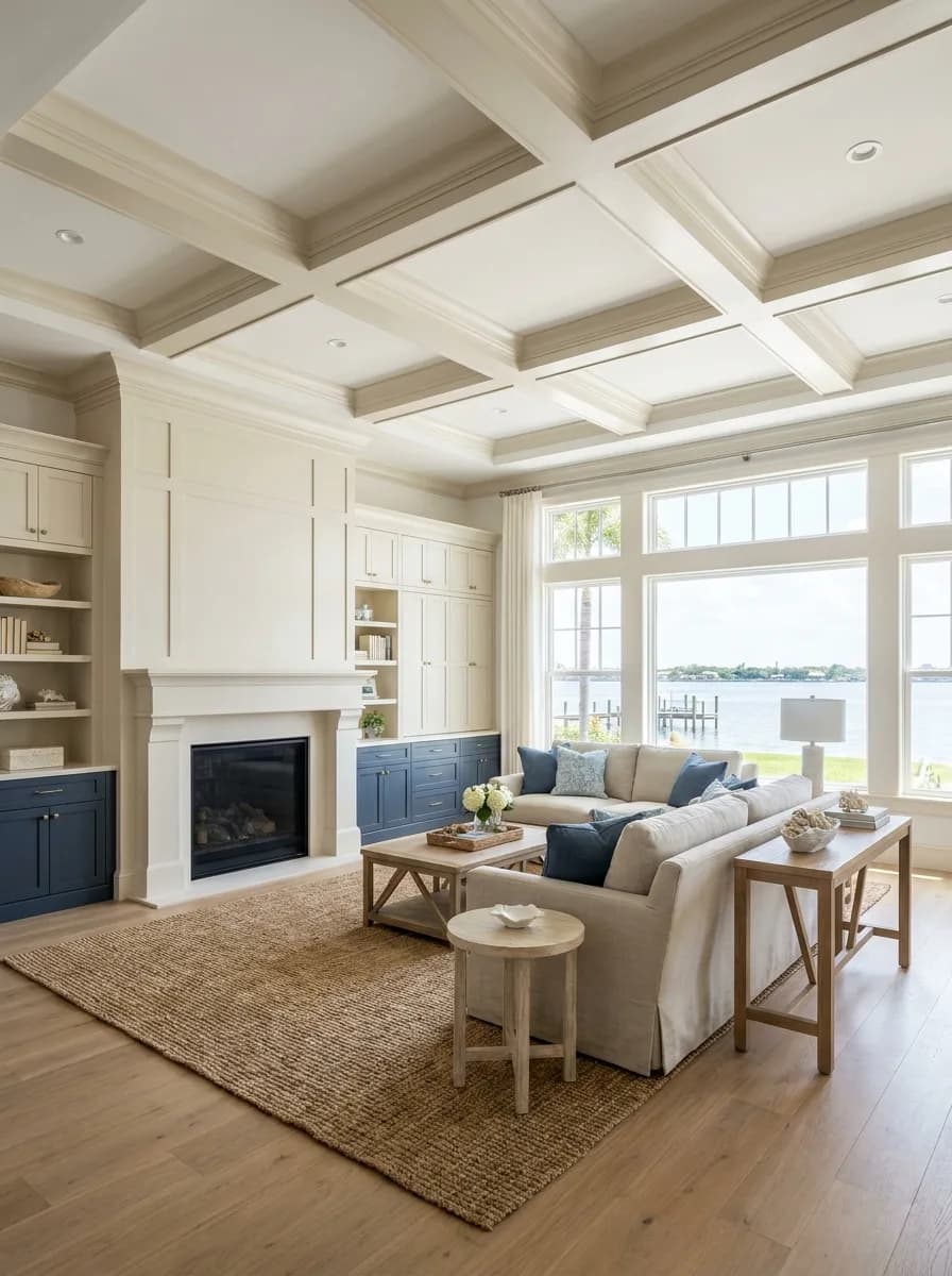 Coastal Great Room — Coffered ceiling, custom built-ins, and navy cabinetry framing a wall of waterfront glass.