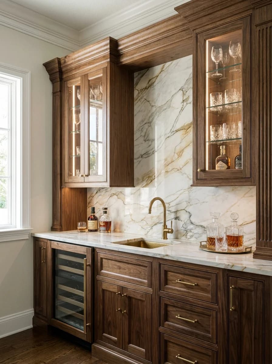 Walnut & Marble Bar — A refined butler's pantry in walnut and book-matched marble with brass hardware and lit glass uppers.